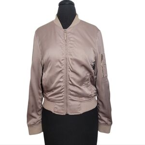 Lucky Brand women's zip up tan satin bomber jacket size XS